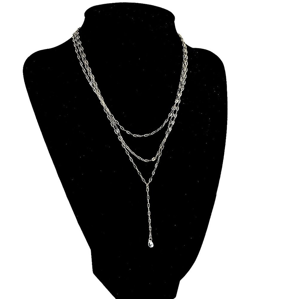 Charming Charlie Gold Tone Necklace Multichain Teardrop Delicate Crystal Pendant